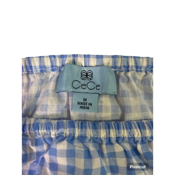 CeCe Blue Gingham Off Shoulder Blouse M | Ruffle Sleeve Tie Hem Cotton Top - Picture 6 of 6